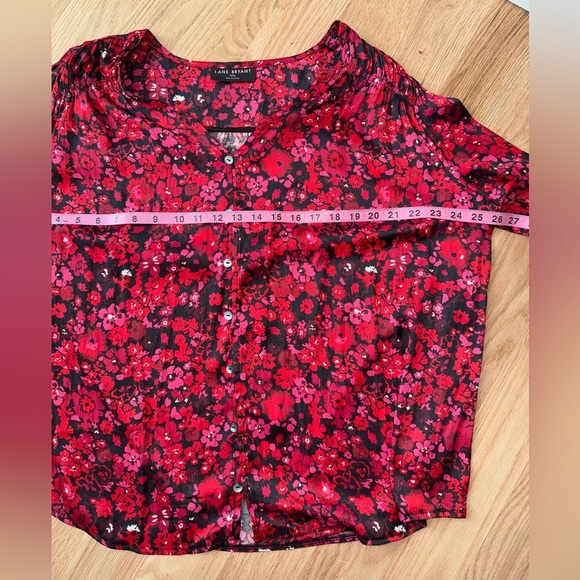 Lane Bryant Ruched Button-Front Knit & Woven Blouse Red Floral Plus Size 14/16 - Picture 7 of 11